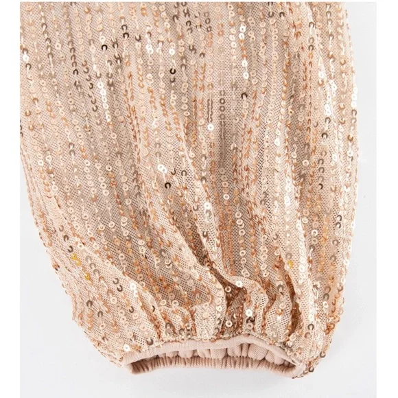 Gold Sequins on Beige V-Neck Surplice Long Sleeve Belted Mini Dress Short - Picture 9 of 11